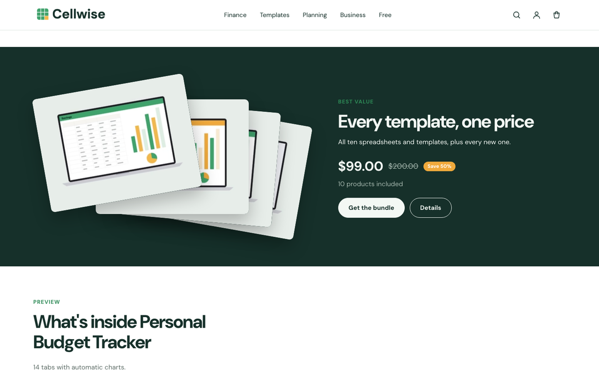 Cellwise: bundle showcase with worth and saving