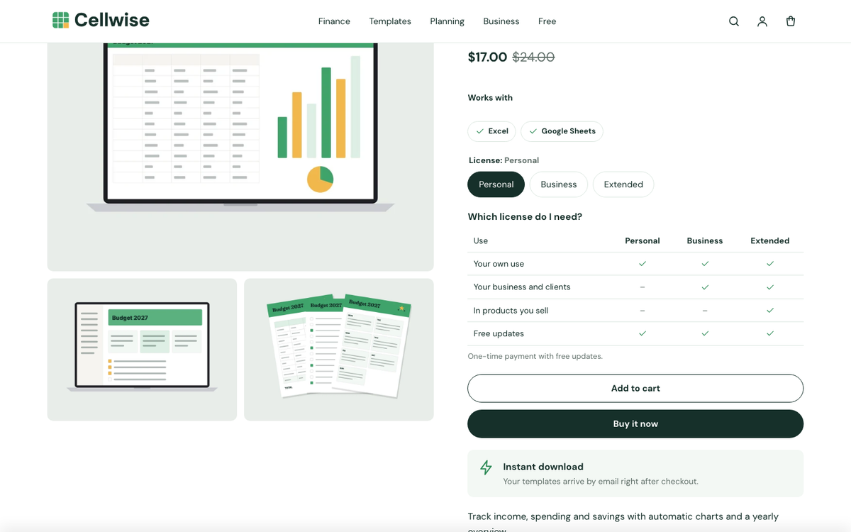Cellwise: license picker with a comparison table