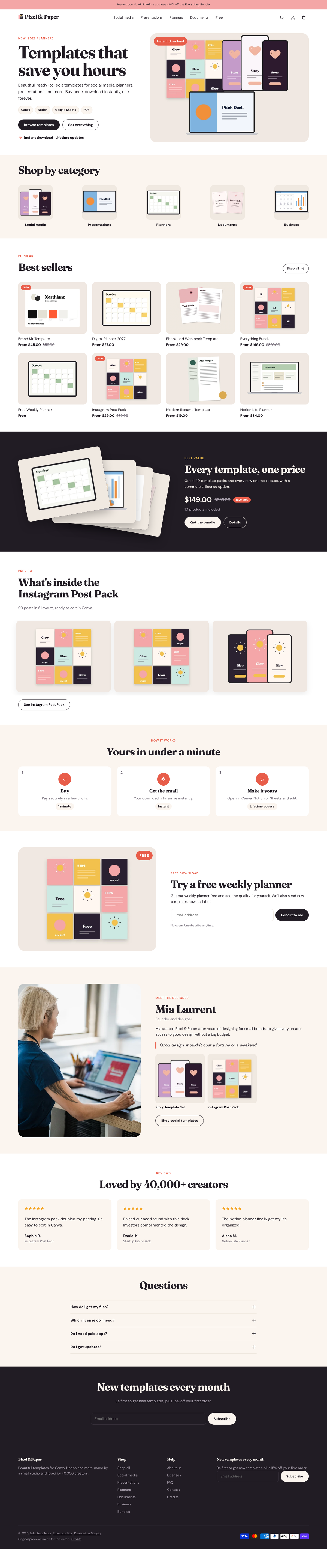 Pixel & Paper: the full homepage, top to bottom