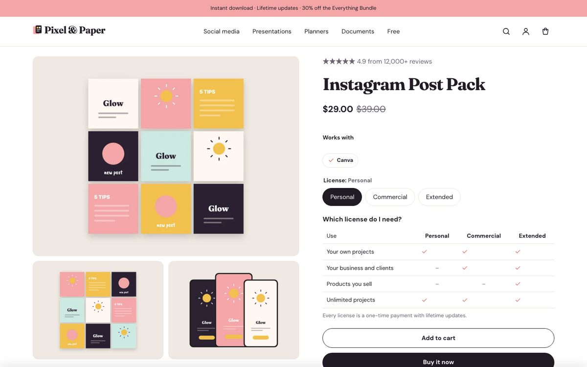 Product page with previews and what's included