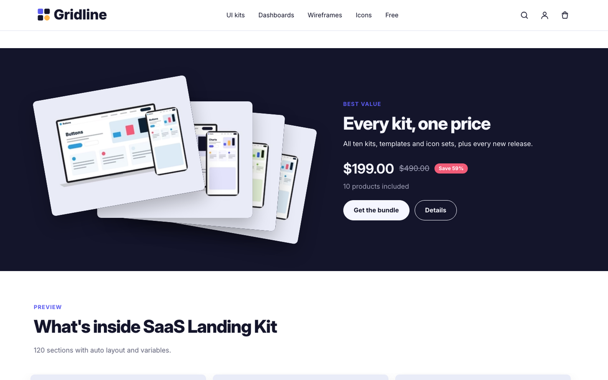 Gridline Kits: bundle showcase with worth and saving
