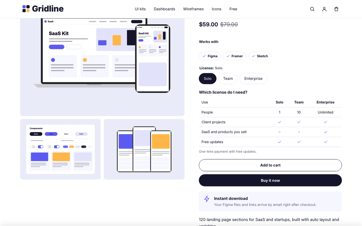 Gridline Kits: license picker with a comparison table