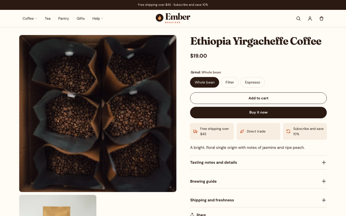 Food product page with swatches and detail tabs