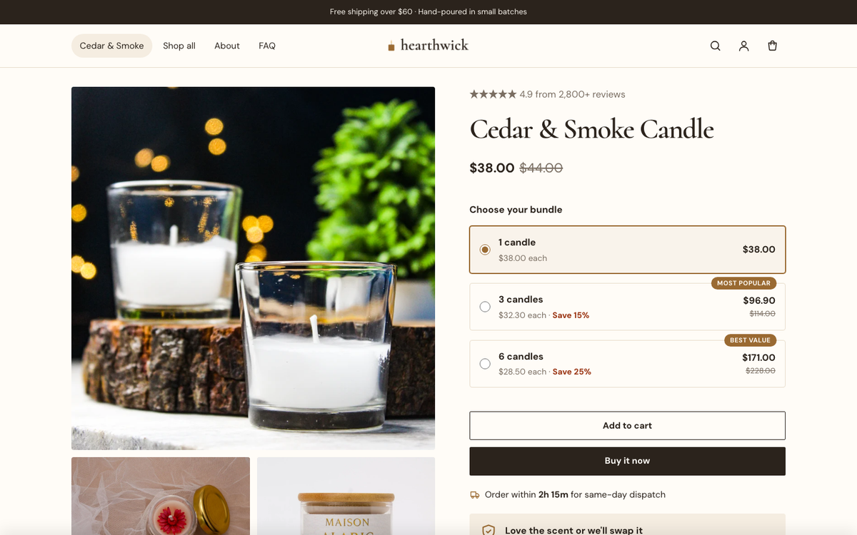 Hearthwick: product page with bundle offers and guarantee