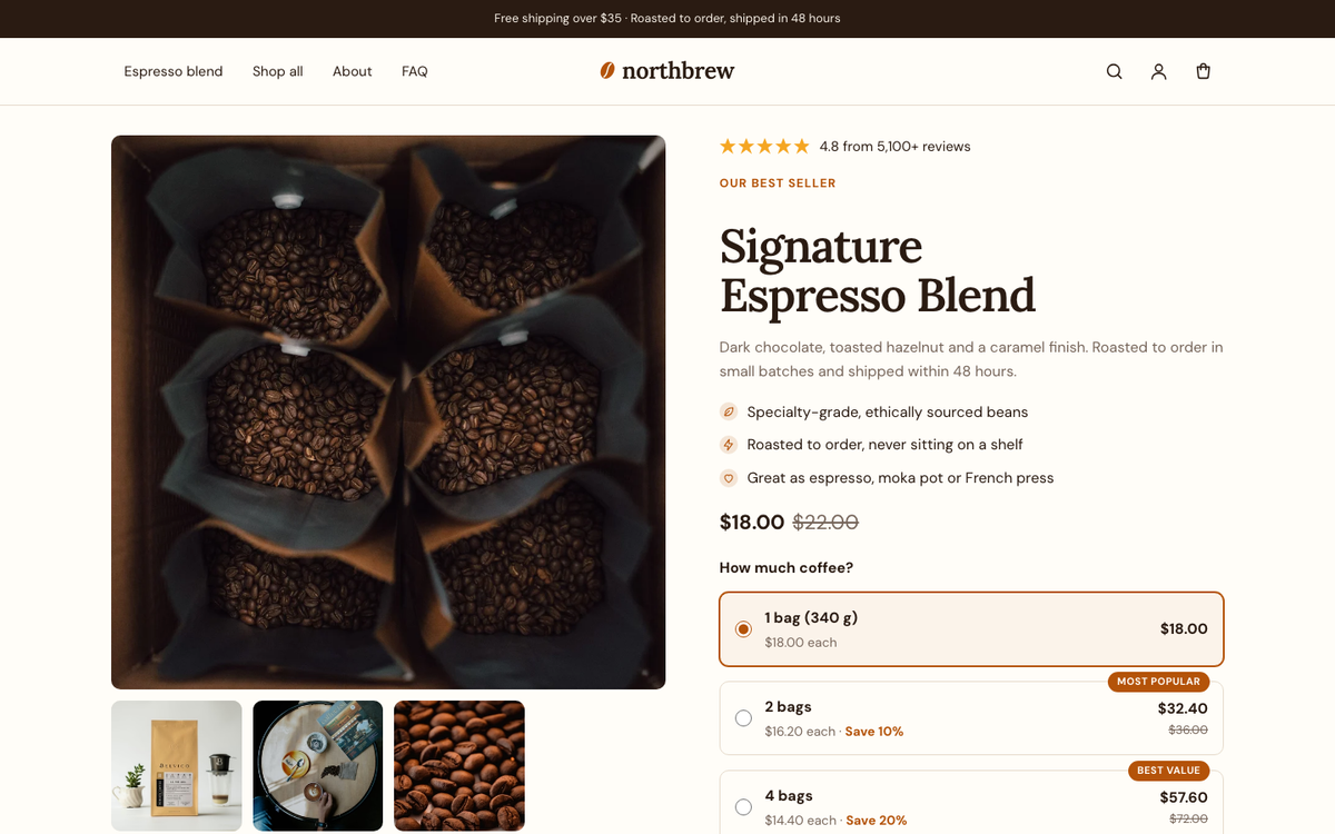 Northbrew: product hero with bundle offers built with Halo