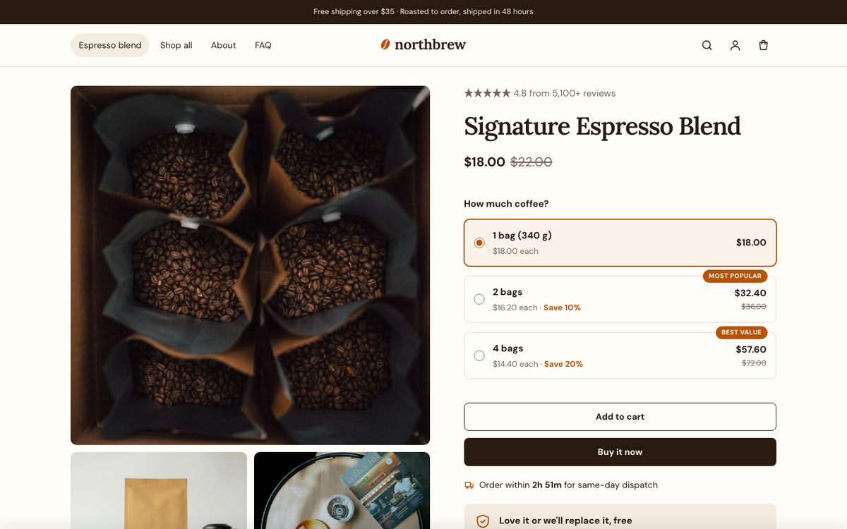 Northbrew: product page with bundle offers and guarantee