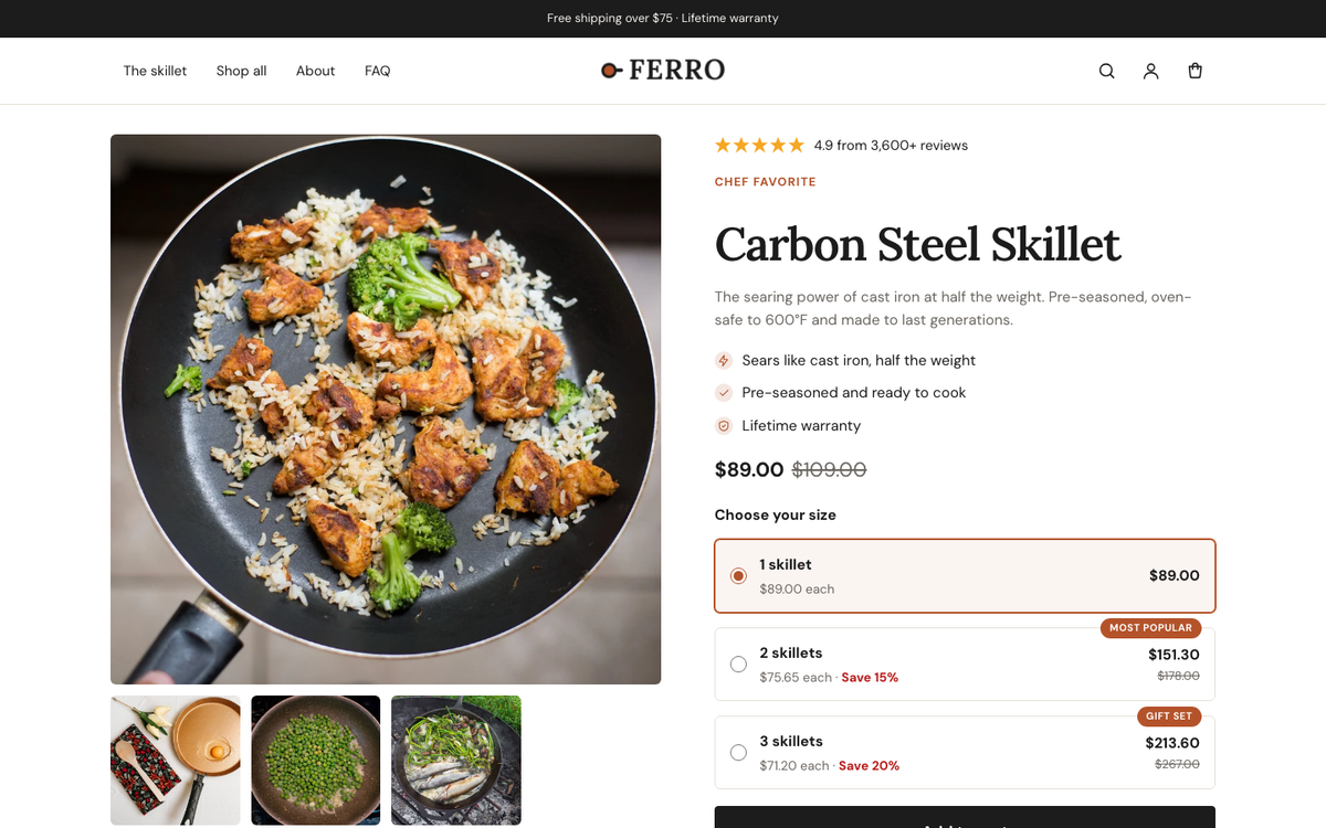 Ferro: product hero with bundle offers built with Halo
