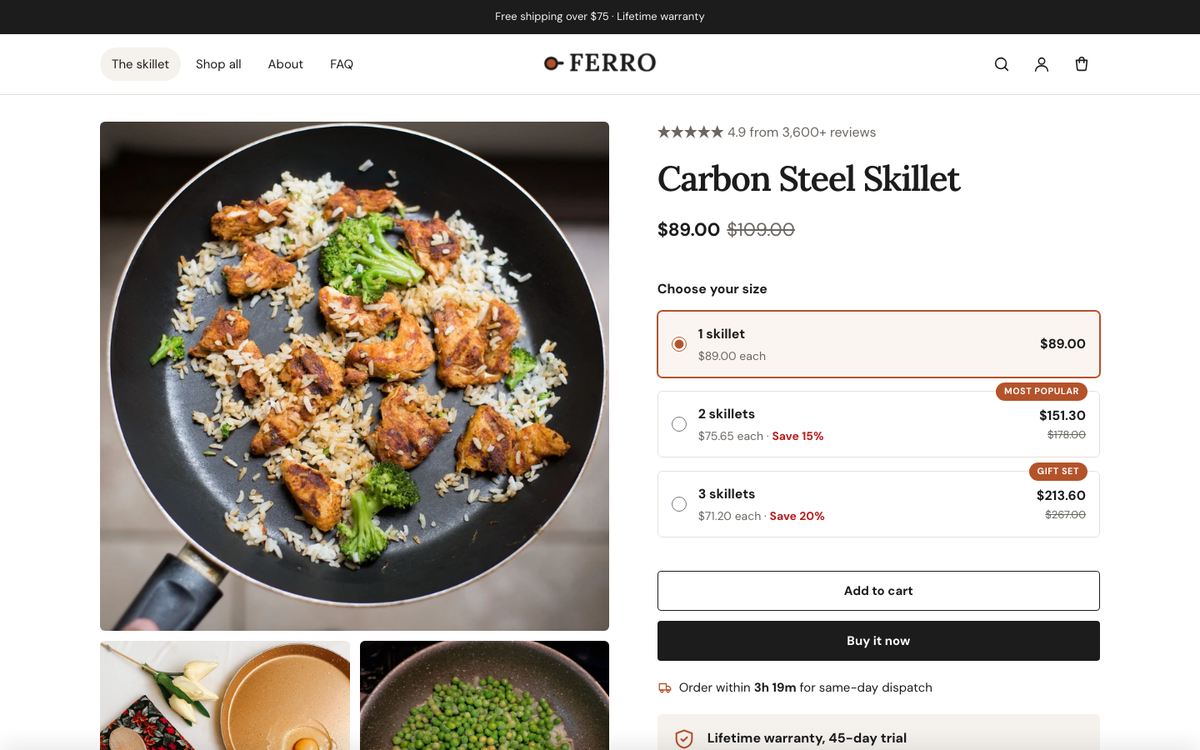 Ferro: product page with bundle offers and guarantee