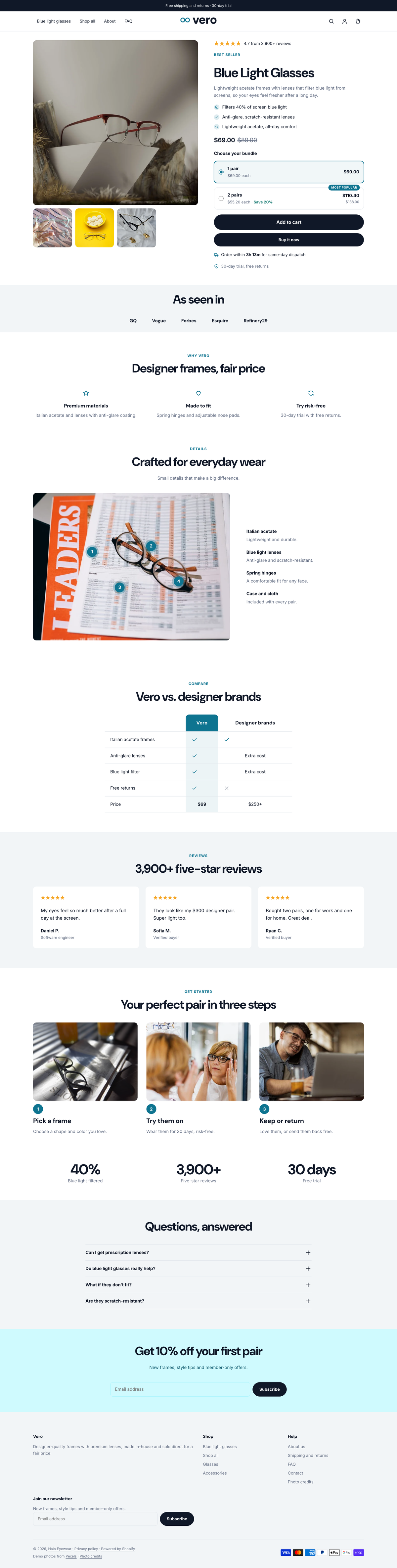 Vero: the full homepage, top to bottom