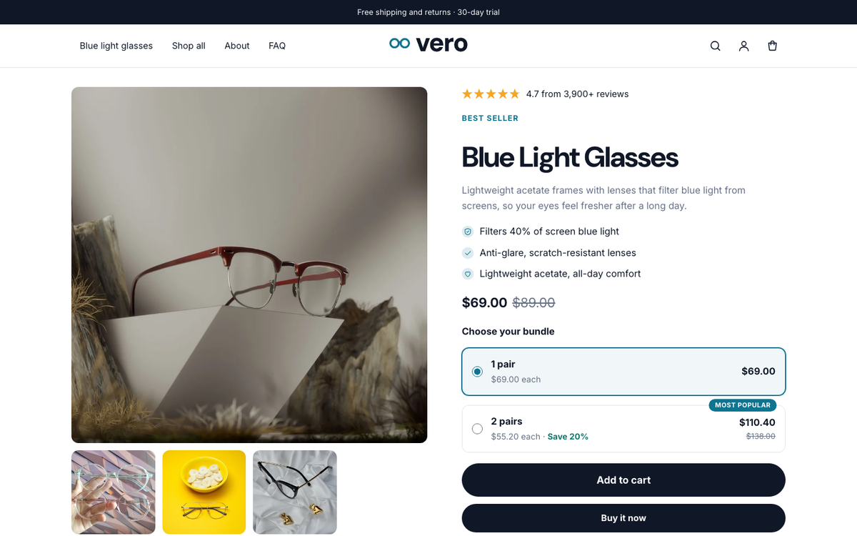 Vero: product hero with bundle offers built with Halo