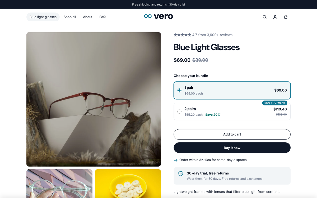 Vero: product page with bundle offers and guarantee
