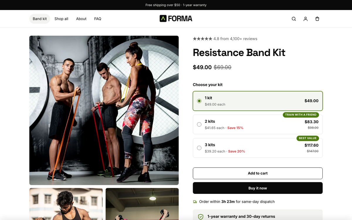 Forma: product page with bundle offers and guarantee
