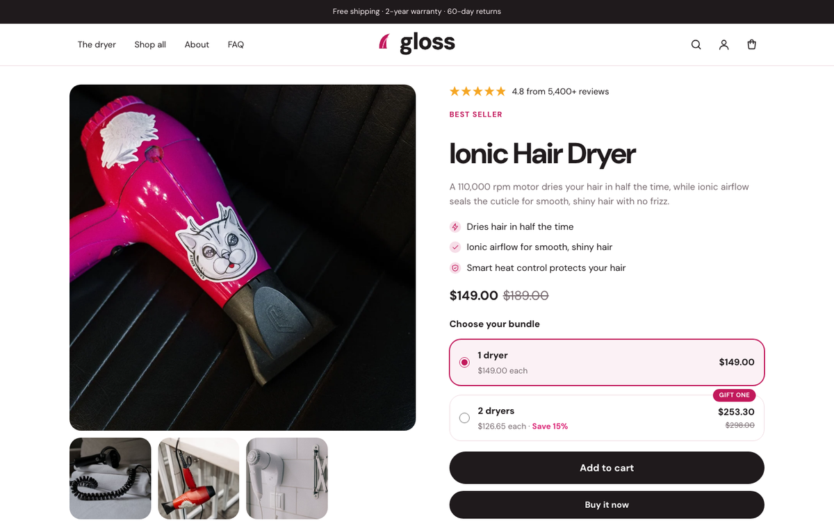 Gloss: product hero with bundle offers built with Halo