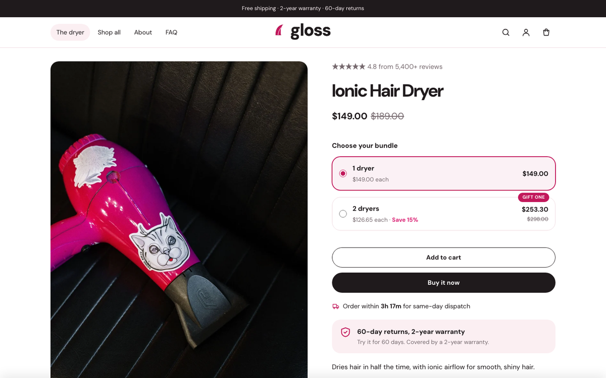 Gloss: product page with bundle offers and guarantee