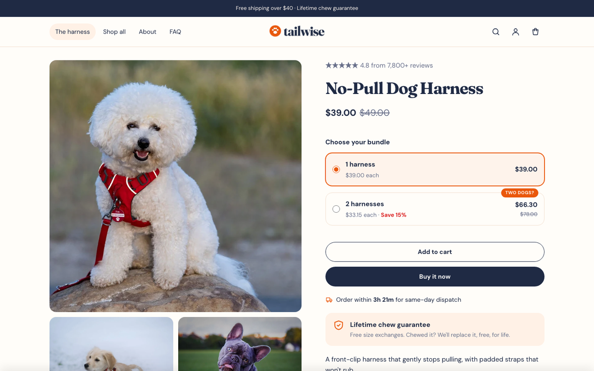Tailwise: product page with bundle offers and guarantee