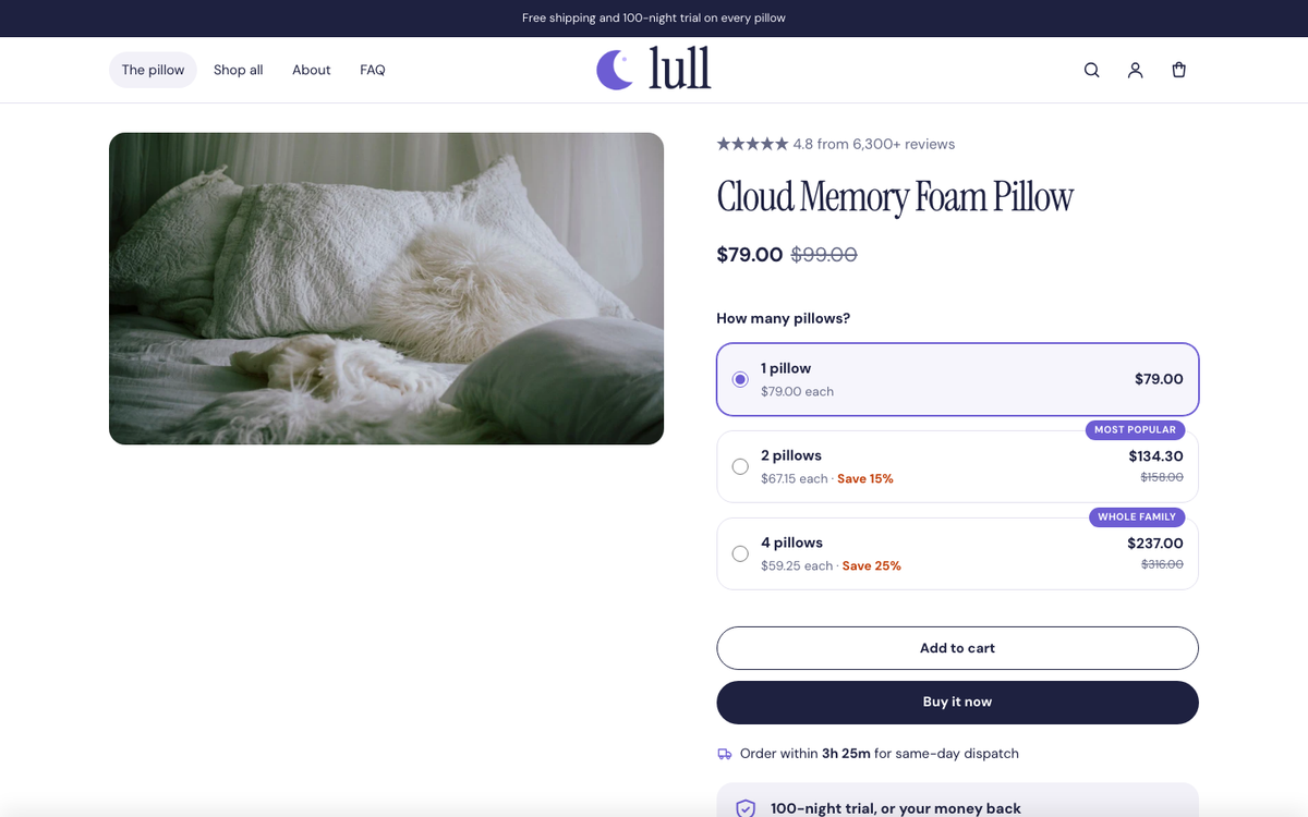 Lull: product page with bundle offers and guarantee