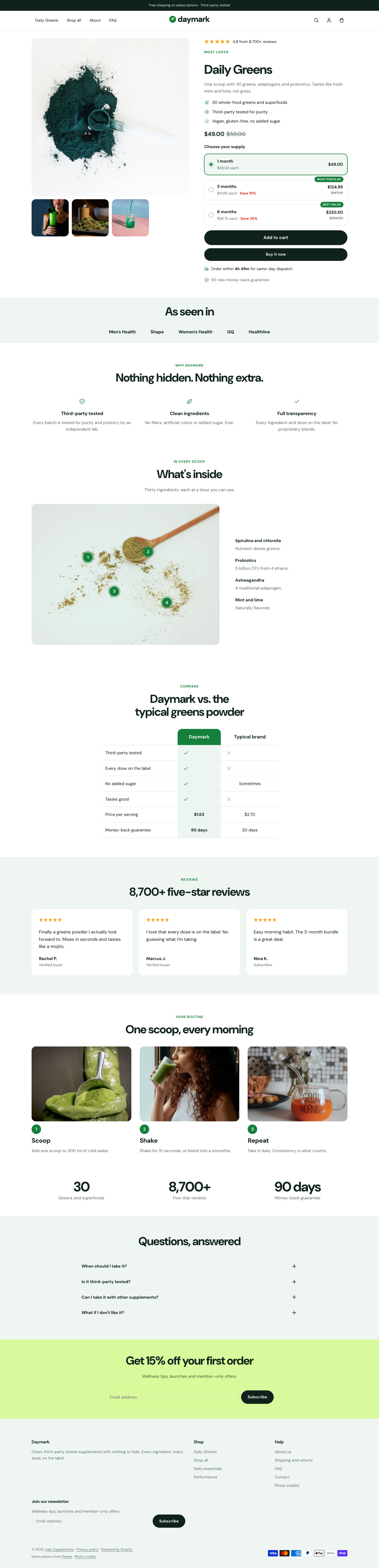 Daymark: the full homepage, top to bottom