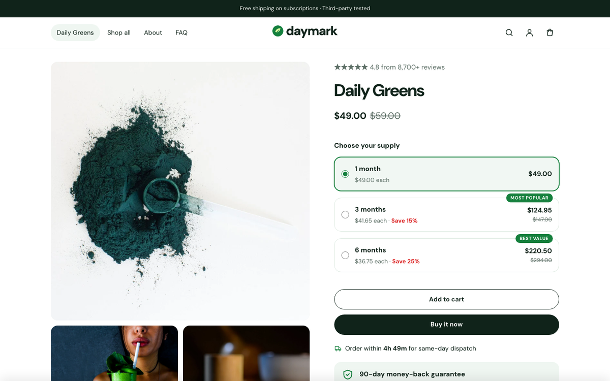 Daymark: product page with bundle offers and guarantee