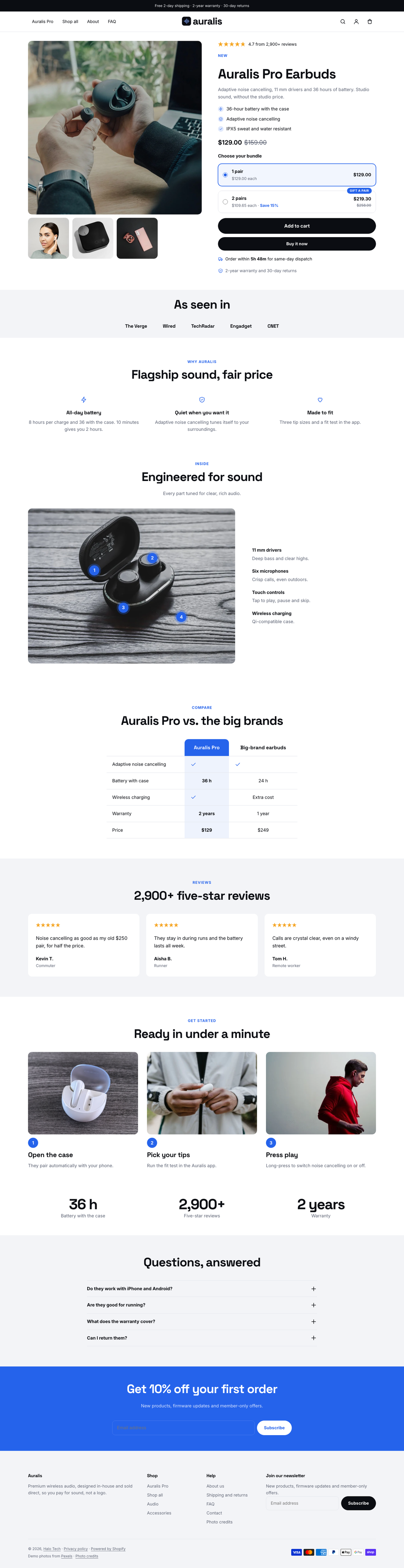 Auralis: the full homepage, top to bottom