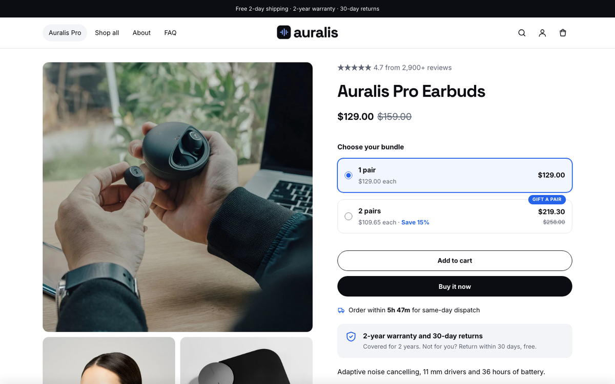 Auralis: product page with bundle offers and guarantee