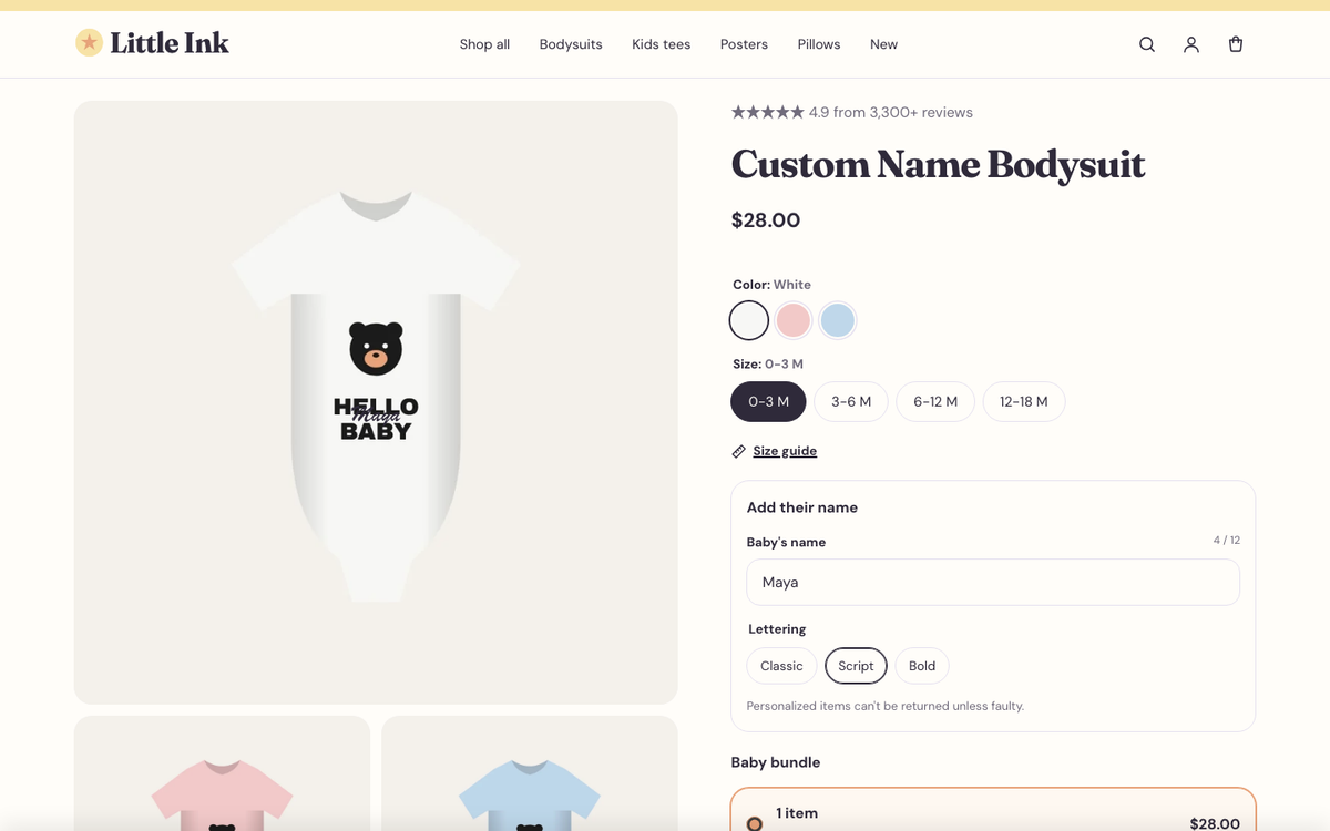 Little Ink: product page with swatches, personalization and a delivery estimate