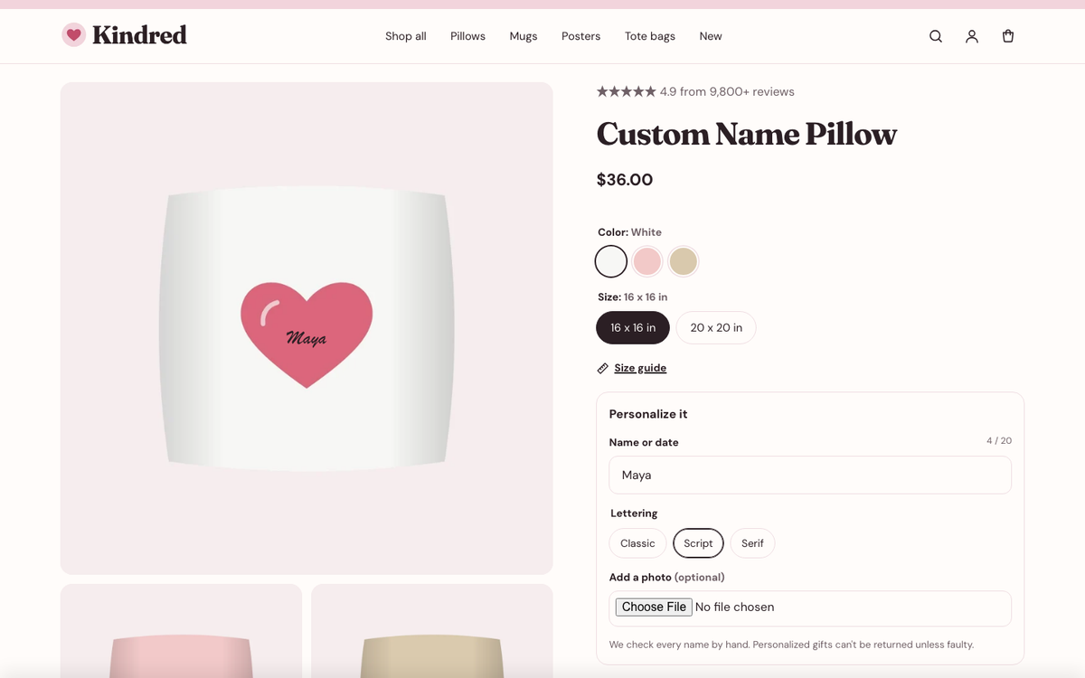Kindred: product page with swatches, personalization and a delivery estimate