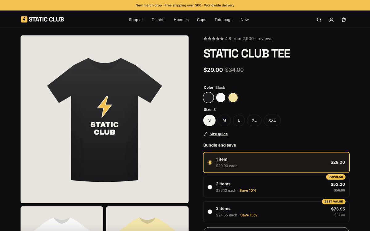 Static Club: product page with swatches, personalization and a delivery estimate