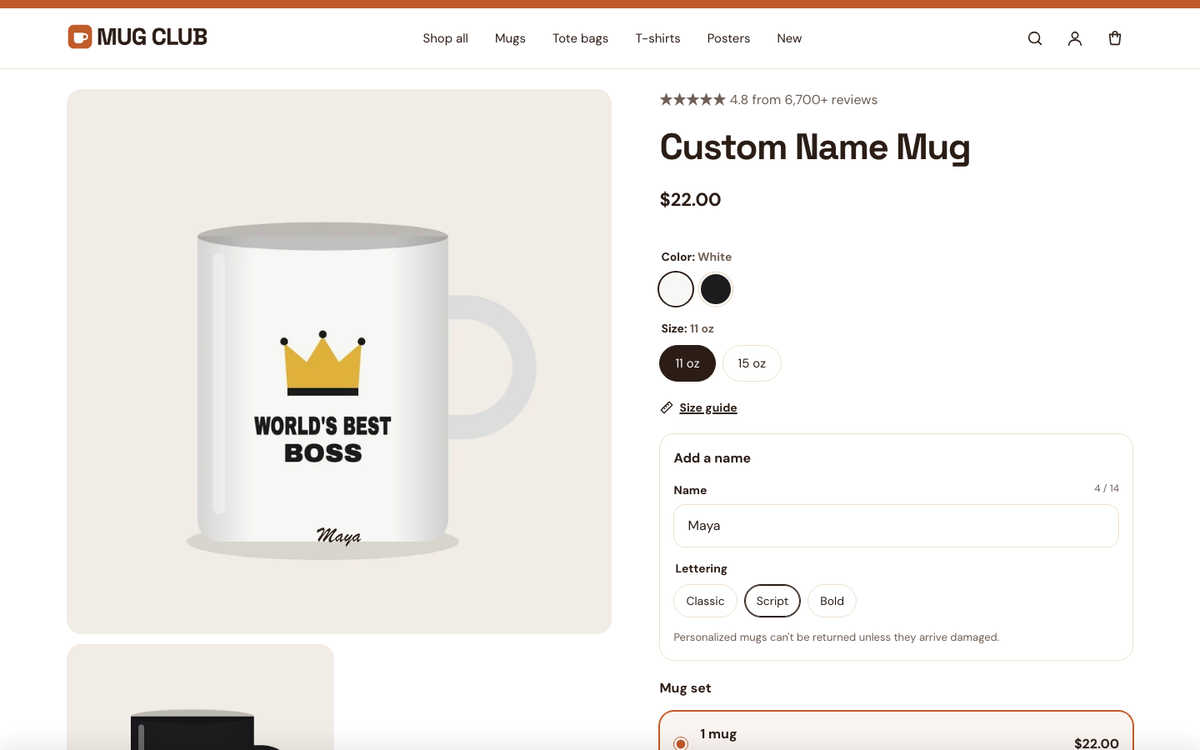 Mug Club: product page with swatches, personalization and a delivery estimate