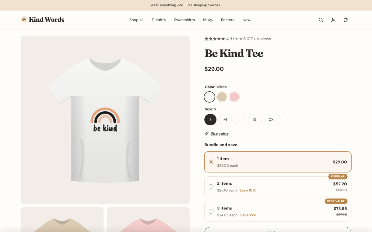 Kind Words: product page with swatches, personalization and a delivery estimate
