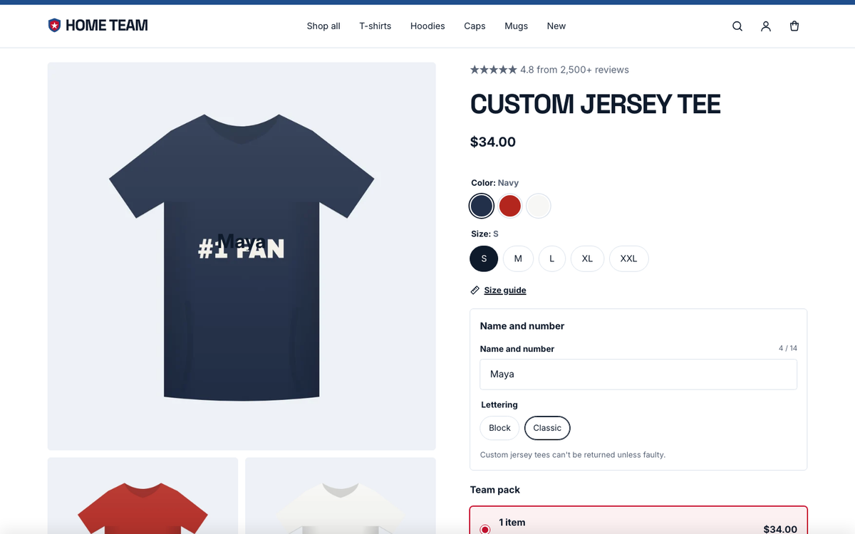 Home Team: product page with swatches, personalization and a delivery estimate
