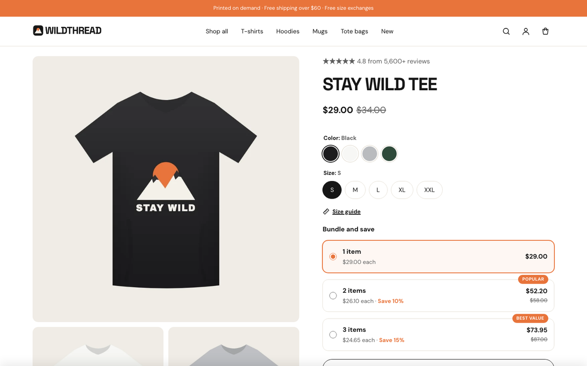 Product page with color swatches, bundles and a delivery estimate