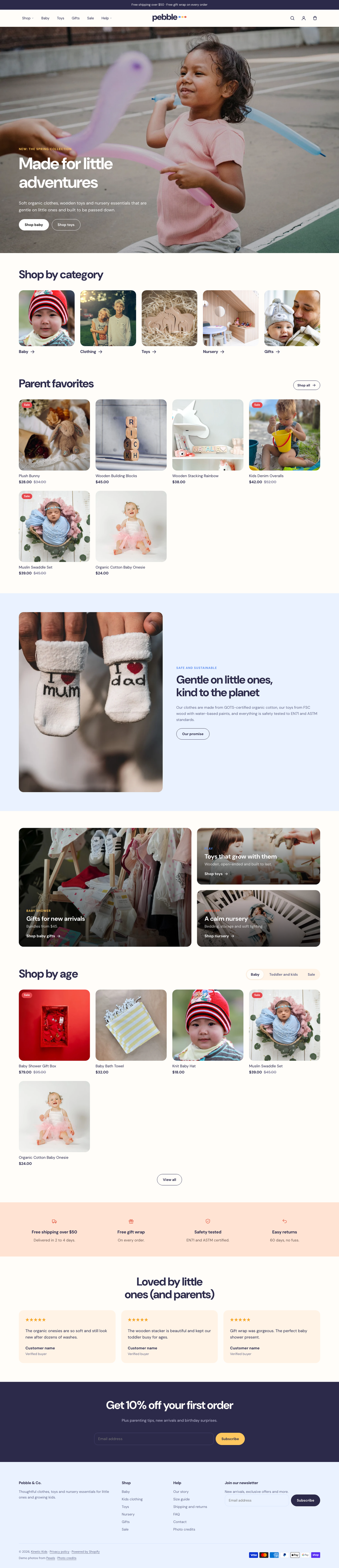 The full Pebble homepage, top to bottom