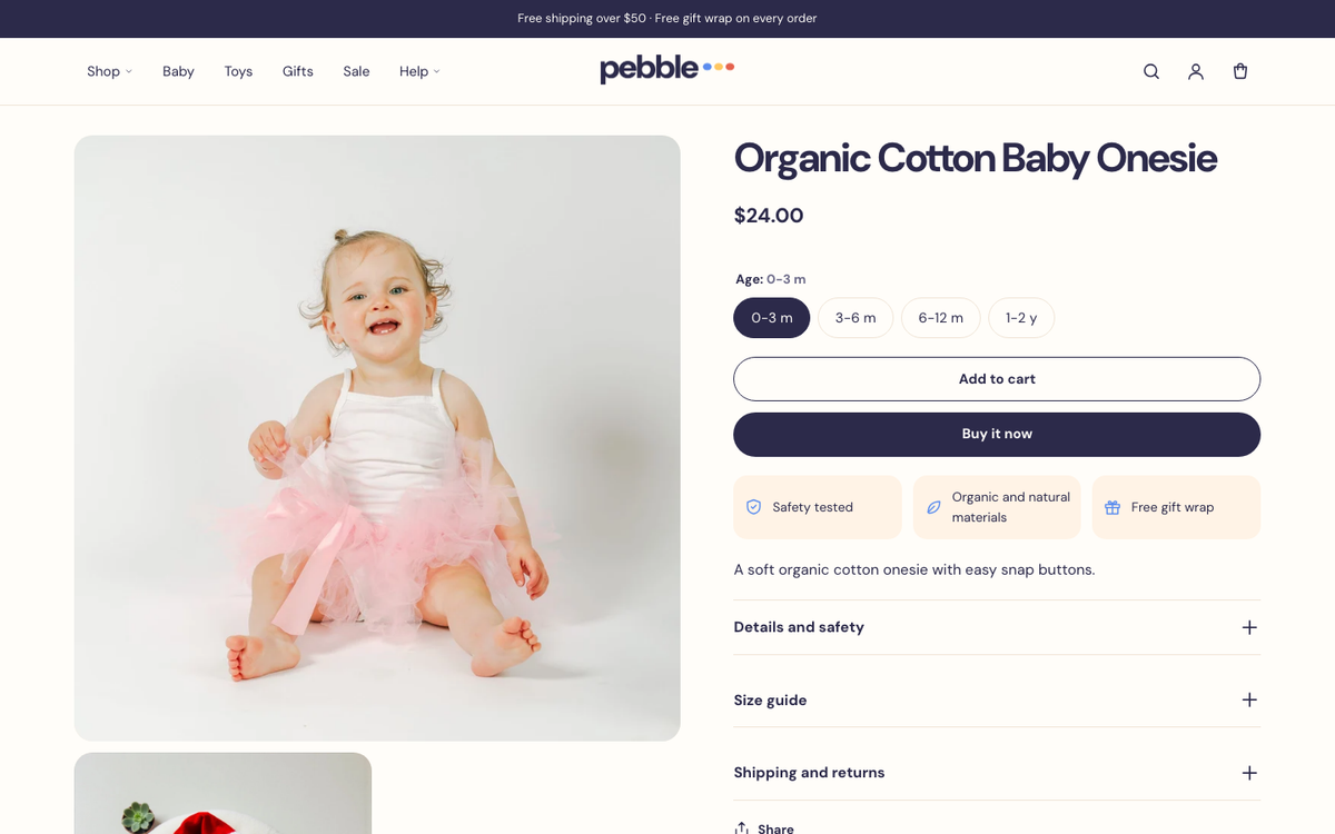 Kids product page with swatches and detail tabs