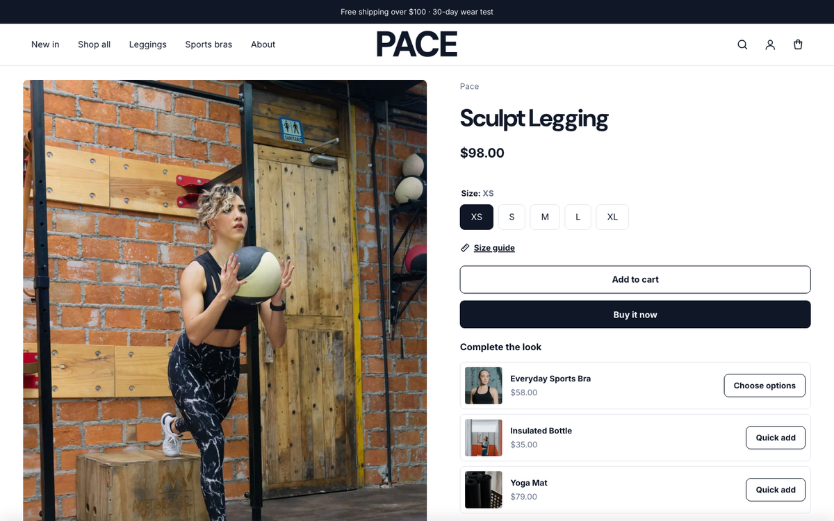 Pace: product page with sizes, size guide and complete the look