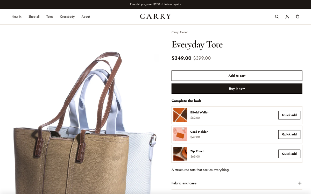 Carry Atelier: product page with sizes, size guide and complete the look