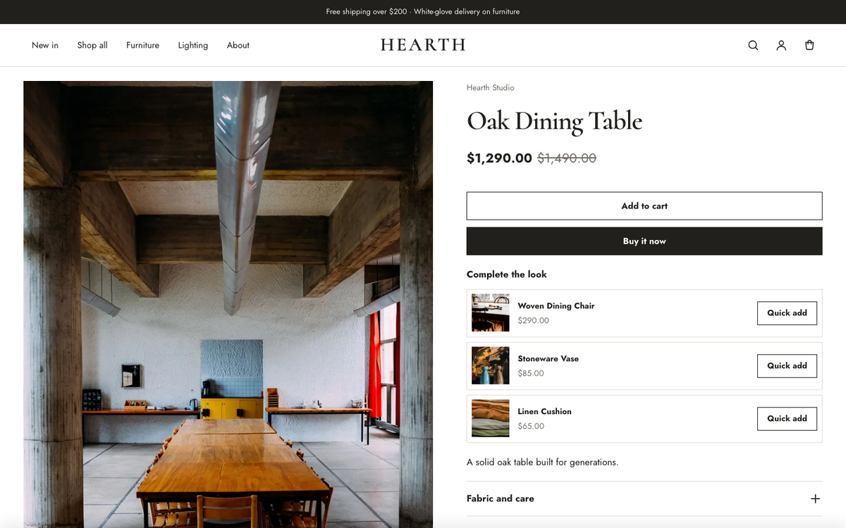 Hearth Studio: product page with sizes, size guide and complete the look