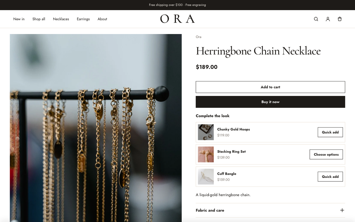 Ora: product page with sizes, size guide and complete the look