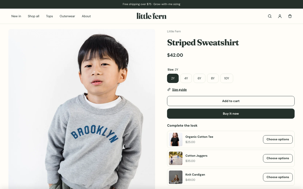 Little Fern: product page with sizes, size guide and complete the look