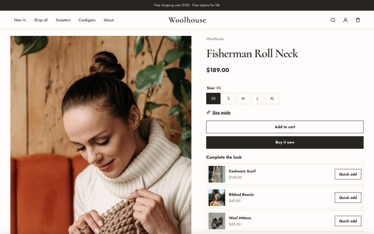 Woolhouse: product page with sizes, size guide and complete the look
