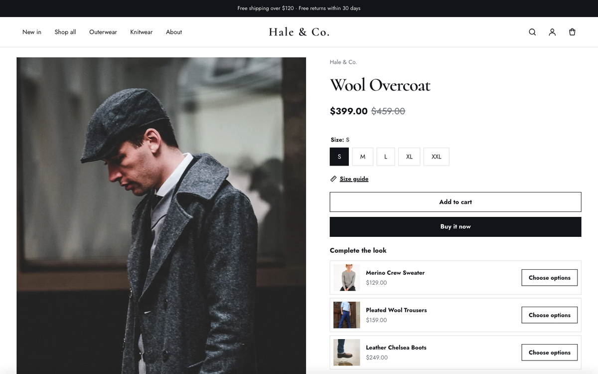 Hale & Co.: product page with sizes, size guide and complete the look