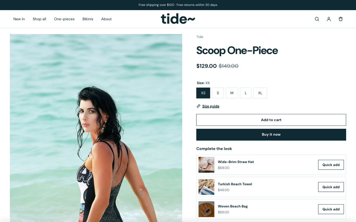 Tide: product page with sizes, size guide and complete the look