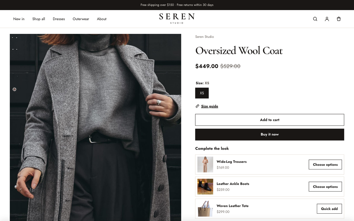 Seren Studio: product page with sizes, size guide and complete the look