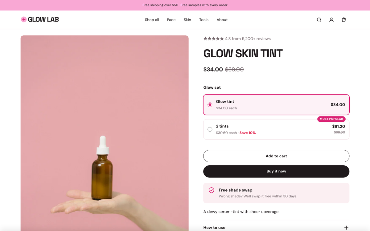 Glow Lab: product page with bundle offers
