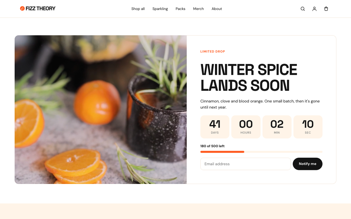 Drop launch with countdown, stock bar and waitlist