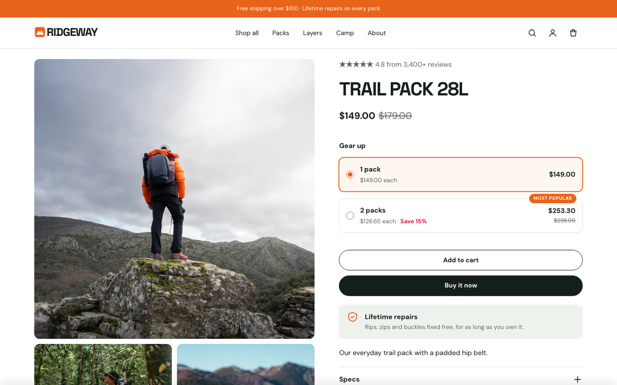 Ridgeway: product page with bundle offers