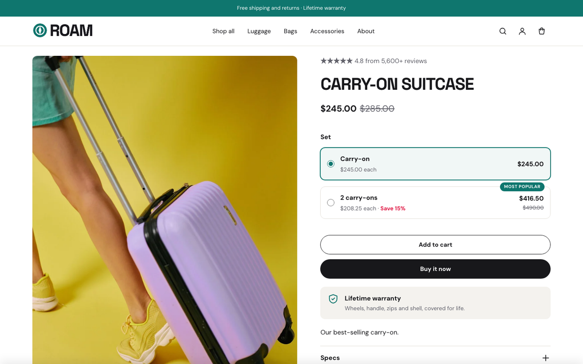 Roam: product page with bundle offers