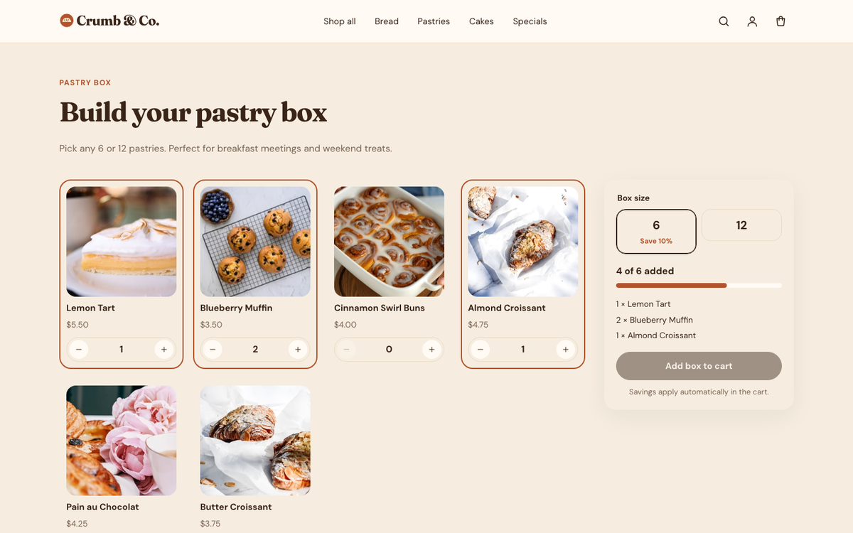 Crumb & Co.: build-a-box with progress bar