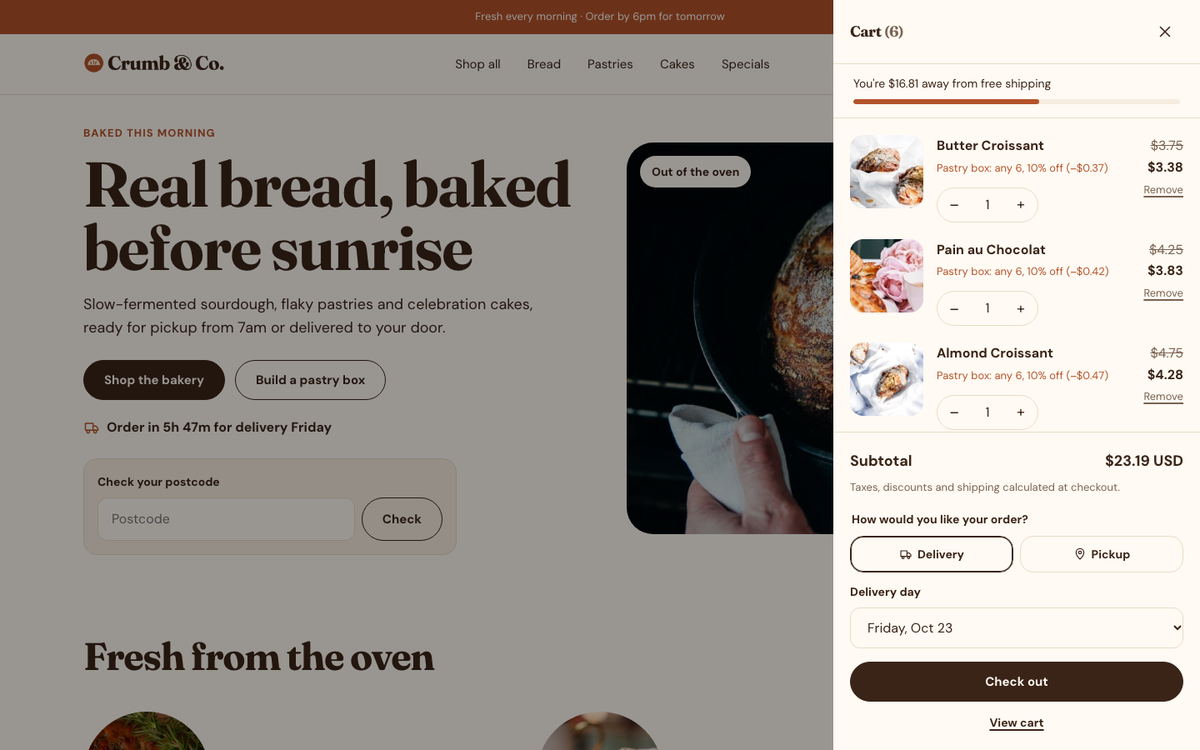 Crumb & Co.: cart with delivery or pickup and a delivery day