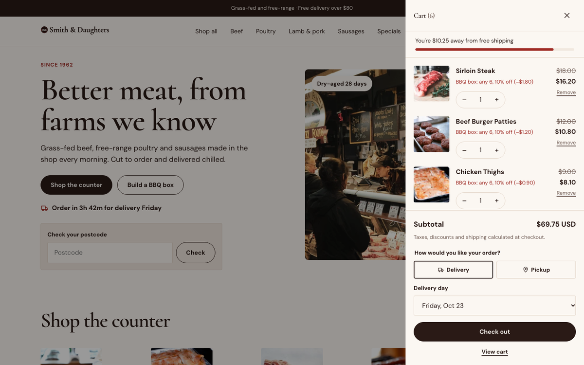 Smith & Daughters: cart with delivery or pickup and a delivery day