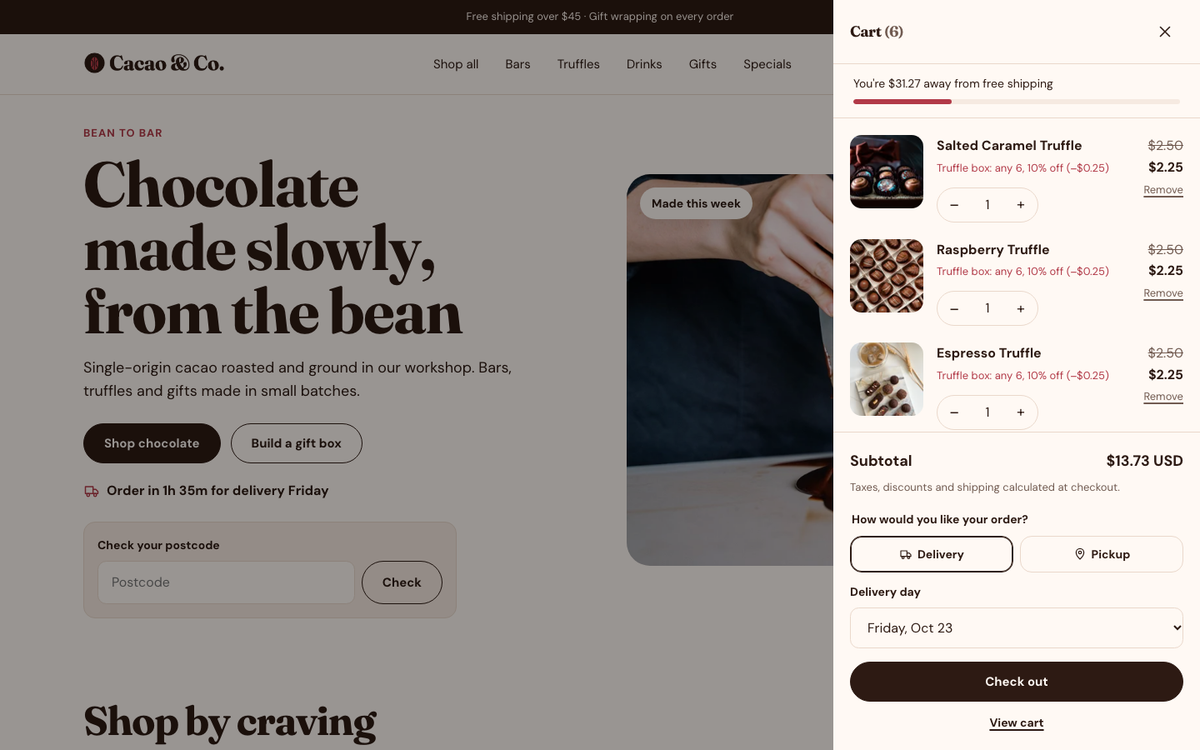 Cacao & Co.: cart with delivery or pickup and a delivery day